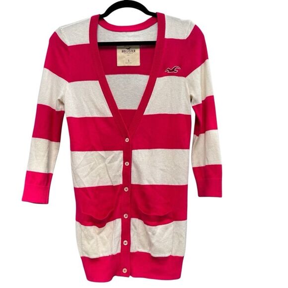 Hollister California Pink & White Stripe V Neck Button Down Cardigan Small - Picture 1 of 6